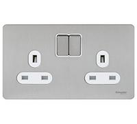 Schneider Electric - Placa tomacorriente con interruptor doble (2 salidas, acero inoxidable, sin tornillos, 13 A)