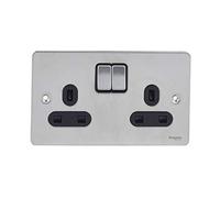 Schneider Electric Ultimate Placa plana - Toma de corriente doble conmutada, doble polo, 13A, GU3220BSS, acero inoxidable con inserto negro