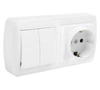 Schuko + Interruptor/Conmutador de Superficie • Interruptor conmutador DOBLE de superficie • Enchufe de pared • Toma corriente • Color blanco