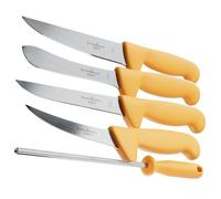 Schwertkrone Juego de cuchillos de carnicero + afilador, hoja brillante, acero inoxidable, mango de plástico higiénico - 5 piezas - Fabricado en Solingen, Alemania