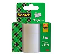 Scotch Cinta Mágica - 2 Rollos de 19 mm x 15 m + 1 GRATIS - Cinta Adhesiva de Uso General para Reparación, Etiquetado y Sellado de Paquetes y Documentos