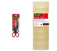 Scotch Tijeras de Precisión para Oficina con Hojas de Acero Inoxidable - 18 cm - Ideal para un Corte Preciso + Cinta Adhesiva Transparente, 8 Rollos, 19 mm x33 m, Cinta Adhesiva