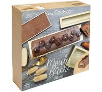 SCRAP COOKING 1939 - Caja de moldes de silicona para troncos navideños, con inserción, alfombra de bizcocho, soporte dorado y receta de tronco de pera y chocolate, color dorado