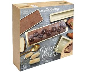 SCRAP COOKING 1939 - Caja de moldes de silicona para troncos navideños, con inserción, alfombra de bizcocho, soporte dorado y receta de tronco de pera y chocolate, color dorado