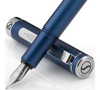 Scriveiner Pluma Estilográfica EDC Lujosa (Mediana), Magnífica Pluma de Bolsillo Azul Mate con Acabado Cromado, Plumín Alemán Schmidt, Convertidor, Set de Regalo de Pluma de Diseño para Hombre y Mujer