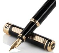 Scriveiner Pluma Estilográfica Negra con Detalles de Chapado en oro auténtico, Plumilla (EF) y Convertidor Instalado Schmidt, Incluye Dos Cartuchos de Tinta