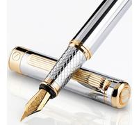 Scriveiner Pluma Estilográfica Plateada con Detalles de Chapado en oro auténtico, Plumilla (Ancha) y Convertidor Instalado Schmidt, Dos Cartuchos de Tinta, Azul y Negro