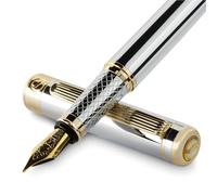 Scriveiner Pluma Estilográfica Plateada con Detalles de Chapado en oro auténtico, Plumilla y Convertidor Instalado Schmidt, Incluye Dos Cartuchos de Tinta, Azul y Negro