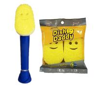 Scrub Daddy Dish Daddy - Varita para platos y cabezales de repuesto, cepillo dispensador de jabón, esponja de lavado que cambia de textura con mango líquido, esponja para platos con raspador integrado