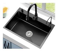 SDdPulse Fregadero de cocina grande de un solo tazón negro y gris, fregadero profundo de acero inoxidable 304 con grifo extraíble y escurridor, color único, 72 x 45 cm