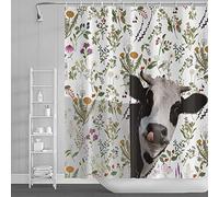 SDOTPMT 165x183cm Granja Divertida Vaca Cortina Ducha Hojas Verdes Césped Hierba Floral Plantas Botánicas Cortina baño Lindo Ganado Rústico Metiendo la Cabeza Cortijo Cortina de baño con Ganchos