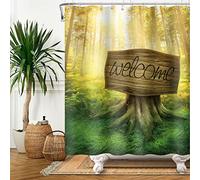 SDOTPMT 180x243cm Magia Bosque Cortina de baño Fantasía Césped Verde Árbol Sale de Soleado Cortina de baño El país de Las Hadas Selva Temática Cortina de bañera Poliéster para Niño Baño con Ganchos