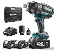 Seesii 1800Nm Llave de Impacto, 3/4'' Pistola de Impacto eléctrica sin Escobillas con 2 * 5000mAh Batería, Caja de Cambios de 3 Velocidades, 3/4'' a 1/2'' Adaptador de Broca, 34mm Tomas