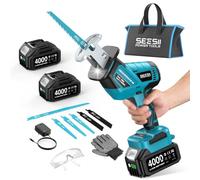 SEESII Sierra Sable Inalámbrica 21V, Sierra Alternativa de 2 Baterías 4.0Ah, 3500 RPM motor sin escobillas, luz LED, 6 hojas de sierra portátil para madera PVC de corte