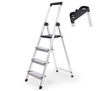 Sekey Escalera de Aluminio 4 Peldaños 140 cm, Plegable con Bandeja Portaherramientas, Peldaños Antideslizantes, Soporta hasta 150 kg, Certificada TÜV EN131-2, para Hogar, Garaje y Jardín