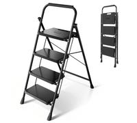 Sekey Escalera Doméstica 4 Peldaños Plegable, Marco de Acero Resistente, Peldaños Antideslizantes, para Casa y Hogar, TÜV y SGS, EN 131-2 y 14183, Carga Máxima 150 kg, Negro