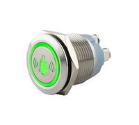 SeKi Pulsador de acero inoxidable de 19 mm de diámetro con forma de cabeza plana, símbolo de campanas iluminadas de colores en conexión de tornillo verde, pulsador de timbre.