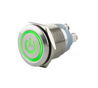 SeKi Pulsador de acero inoxidable de 19 mm de diámetro con forma de cabeza plana, símbolo de potencia iluminado en color verde, conector de rosca.