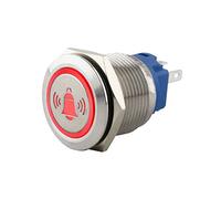 SeKi Pulsador de acero inoxidable de 19 mm de diámetro, forma de cabeza plana, símbolo de campanas iluminadas de colores en rojo, ojal de soldadura/conector plano de 0,5 x 2,8, pulsador de timbre.