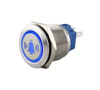 SeKi Pulsador de acero inoxidable de 19 mm de diámetro, forma de cabeza plana, símbolo de campanas iluminadas de colores en azul, ojal para soldar, conector plano de 0,5 x 2,8 mm, pulsador de timbre.