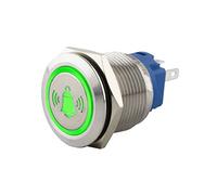 SeKi Pulsador de acero inoxidable de 19 mm de diámetro, forma de cabeza plana, símbolo de campanas iluminadas de colores en verde, ojal para soldar y conector plano de 0,5 x 2,8, pulsador de timbre.