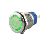 SeKi Pulsador de acero inoxidable de 19 mm de diámetro, forma de cabeza plana, símbolo de potencia iluminado en color verde, ojal para soldar y conector plano de 0,5 x 2,8, pulsador de timbre.