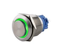 SeKi Pulsador de acero inoxidable de 19 mm de diámetro, forma de cabeza sobresaliente, anillo LED iluminado de colores en ojales de soldadura verdes/conector plano de 0,5 x 2,8; pulsador de timbre