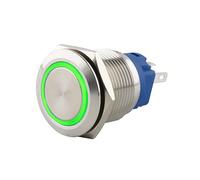 SeKi Pulsador de acero inoxidable, diámetro de 16 mm, forma de cabeza plana, anillo LED iluminado de colores, en ojales de soldadura verdes, conector plano de 0,5 x 2,8 cm; pulsador de timbre