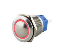 SeKi Pulsador de acero inoxidable, diámetro de 19 mm, forma de cabeza curvada, anillo LED iluminado de colores, en ojales de soldadura rojos, conector plano de 0,5 x 2,8 cm; pulsador de timbre