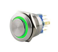 SeKi Pulsador de acero inoxidable, diámetro de 22 mm, forma de cabeza sobresaliente, anillo LED iluminado de colores, en ojales de soldadura verdes, conector plano de 0,5 x 2,8 cm; pulsador de timbre