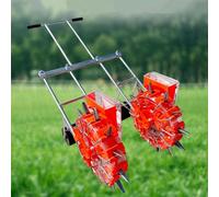 Sembradora de jardín de precisión de doble rueda de empuje manual con rueda compactadora de tierra y resorte de tornillo, espacio ajustable para plantas para soja, cacahuete, maíz, algodón