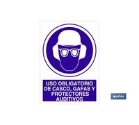 Señal poliestireno 297x210mm. uso obligatorio de casco, gafas y protectores auditivos