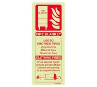 Señalamiento obligatorio indicador de manta ignífuga «Fire Blanket ID Extinguisher» VSafety 11008AC-G, brilla en la oscuridad, hecha de plástico de 1 mm, roja, 75 mm x 200 mm