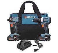 SENIX X2 Kit de herramientas eléctricas inalámbricas de 20 voltios Max* de 2 piezas con taladro de 1/2 pulgadas y driver de impacto de 1/4 pulgadas, incluye bolsa de almacenamiento, 2 baterías de 2.0