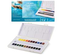 Sennelier - Caja de pintura de acuarela de plástico, 24 colores + pincel y 2 postales acuarelas, Francia