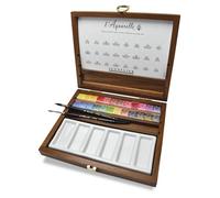 Sennelier L'Aquarelle Wood Watercolor Half Pan Set, 24 Half Pans, Porcelain Palette, Brushes Size 2 and 3 (10-131614-00)