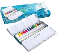 Sennelier Pintura de acuarela, 12 medios contenedores, caja de metal y 1 tarjeta