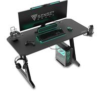 SENSE7 Mesa Gaming 120x50 cm con Gancho para Auriculares y Portavasos | Soporte de Controlador, Superficie de Fibra de Carbono, Diseño Ergonómico, Uso Doméstico, Juegos de PC