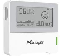 Sensor de monitoreo del ambiente interior Milesight, compatible con LoRaWAN, que mide temperatura, humedad y CO2, y cuenta con una pantalla de tinta electrónica