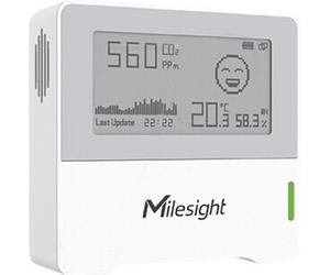 Sensor de monitoreo del ambiente interior Milesight, compatible con LoRaWAN, que mide temperatura, humedad y CO2, y cuenta con una pantalla de tinta electrónica