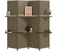 Separador de ambientes HOMCOM de 4 paneles, 181 cm de largo x 180 cm de alto, 2 estantes, plegable, con pasadores, para bebidas, de bambú, marrón, con fibras de papel trenzado. BLANCO