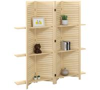 Separador de ambientes interior HOMCOM, 4 paneles, 160 cm de ancho x 170 cm de , 3 estantes plegables, persianas de madera de paulonia natural
