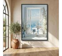 Serena vista al océano a través de una ventana rústica, lienzo con jarrón floral, escena costera natural, lienzo con jardín de mariposas (70x100cm/sin marco)
