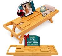 SereneLife Bandeja 2 en 1, para Cama y baño, Caddy, Plegable de Bambu, Longitud Ajustable, Antideslizante, Soporte para Dispositivos, Ranura para Copa de Vino