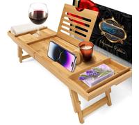 SereneLife Bandeja de bambú para Cama y baño, Mesa de Desayuno Plegable con Respaldo, Bandeja expandible para bañera o sofá, Soporte para Copas de Vino y Tableta, Regalo de relajación para SPA, hogar