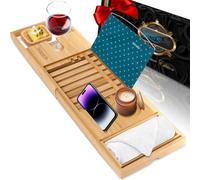 SereneLife Bandeja para bañera, Bambu, Extensible, Ajustable, Baño, Soporte para Copa de Vino, Libro, Movil, Tablet