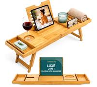 SereneLife Bandeja para bañera, Desayuno, Bambu, Extensible, Ajustable, Soporte para Copa de Vino, Libro, Movil, Tablet