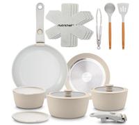 SereneLife bateria de cocina, Antiadherentes, 15 piezas, Resistentes al calor, Sartenes y ollas con tapas, Incluye utensilios