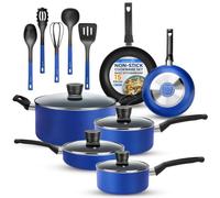 SereneLife bateria de cocina, Antiadherentes, 15 piezas, Resistentes al calor, Sartenes y ollas con tapas, Incluye utensilios