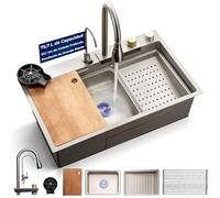 Serenelife fregadero cocina, Con grifo, Rejilla de drenaje, Canasta coladora, Tabla de cortar, Lavavasos, Acero inoxidable, Instalacion bajo o sobre encimera